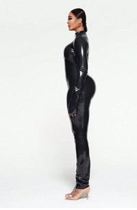 Sexy Black Front-Zip PU Leather Jumpsuit - PureDiva