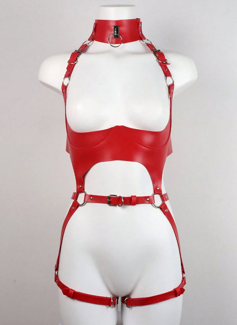 Red Harness Body Bondage Garters - PureDiva