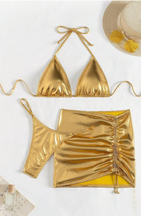 Metallic Gold Bikini Set with ruched mini skirt - PureDiva