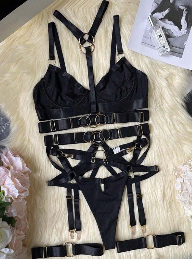 BOGO store 50% OFF - 5-Piece Black Lace Faux Leather Sexy Strappy Lingerie Set, NWT