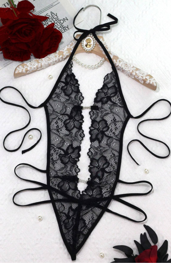 Embellished Crotchless Lace Teddy