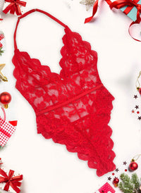 Red Lace Halterneck Teddy - PureDiva