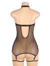 Black Mesh PU V-Neck Halter Chemise - PureDiva